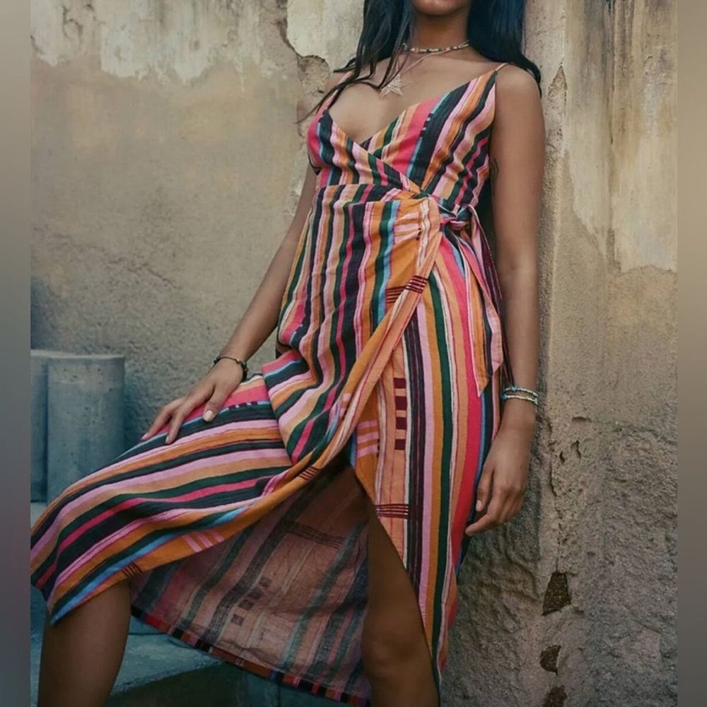 Urban Outfitters Flashing Lights Striped Midi Wrap Dress